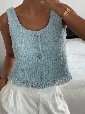 Blue Casual Women's Tweed Texture Fringe Detail Top